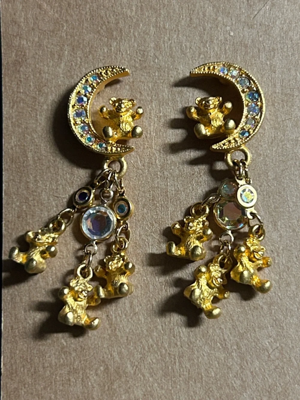Rare 1990s Kirks Folly “Goodnight Teddybear” Gold Moon & Teddy‎ Drop Earrings AB